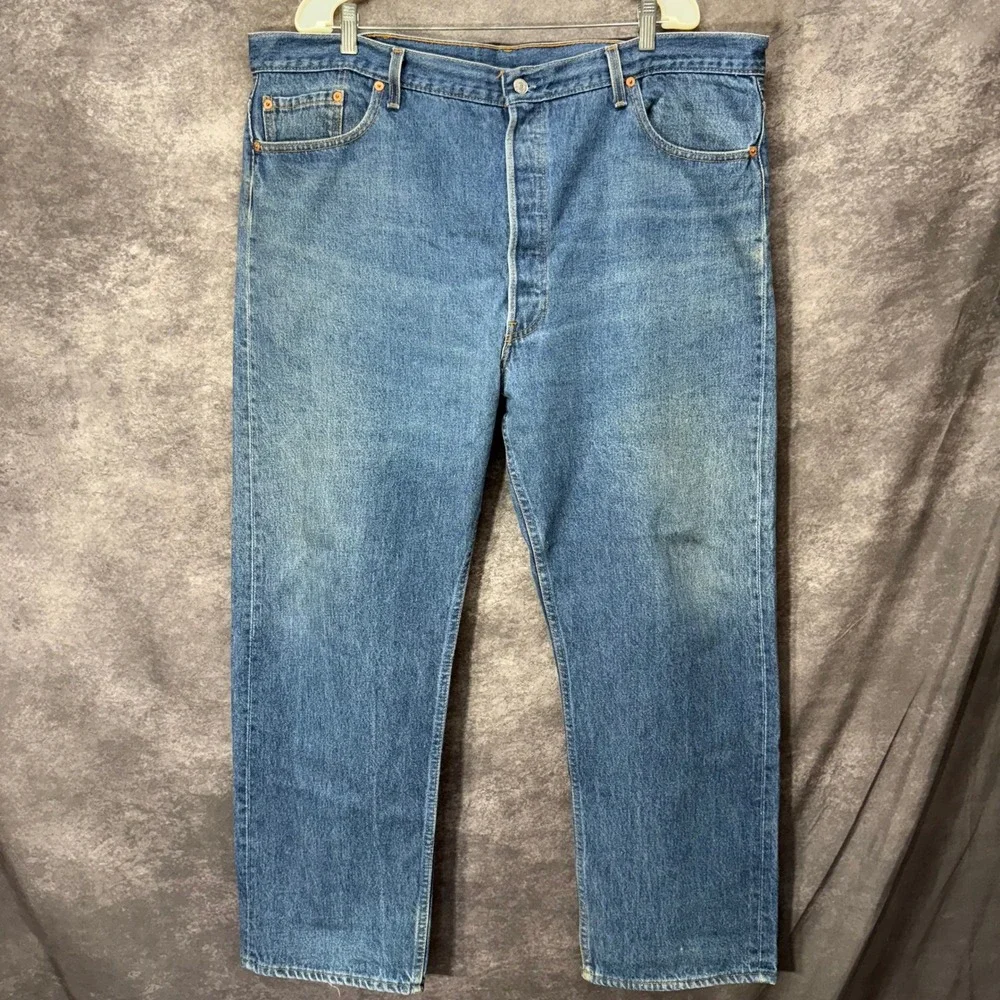 VTG 90s Levis 501 STF Jeans Mens 46x32 Made in USA Blue Straight Leg Button Fly